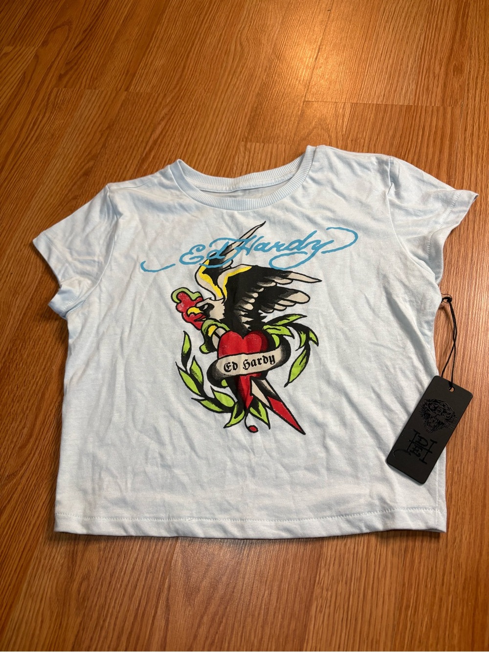 Ed Hardy Light Blue Girls' Short Sleeve Tee with Heart & Eagle Graphic